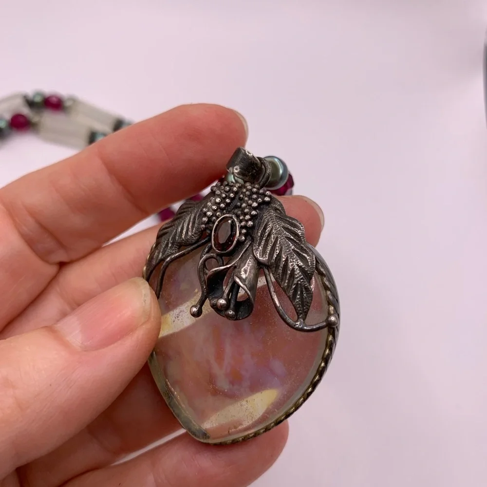 Moonstone and Garnet Sterling Unique Vintage Artisan Made Pendant